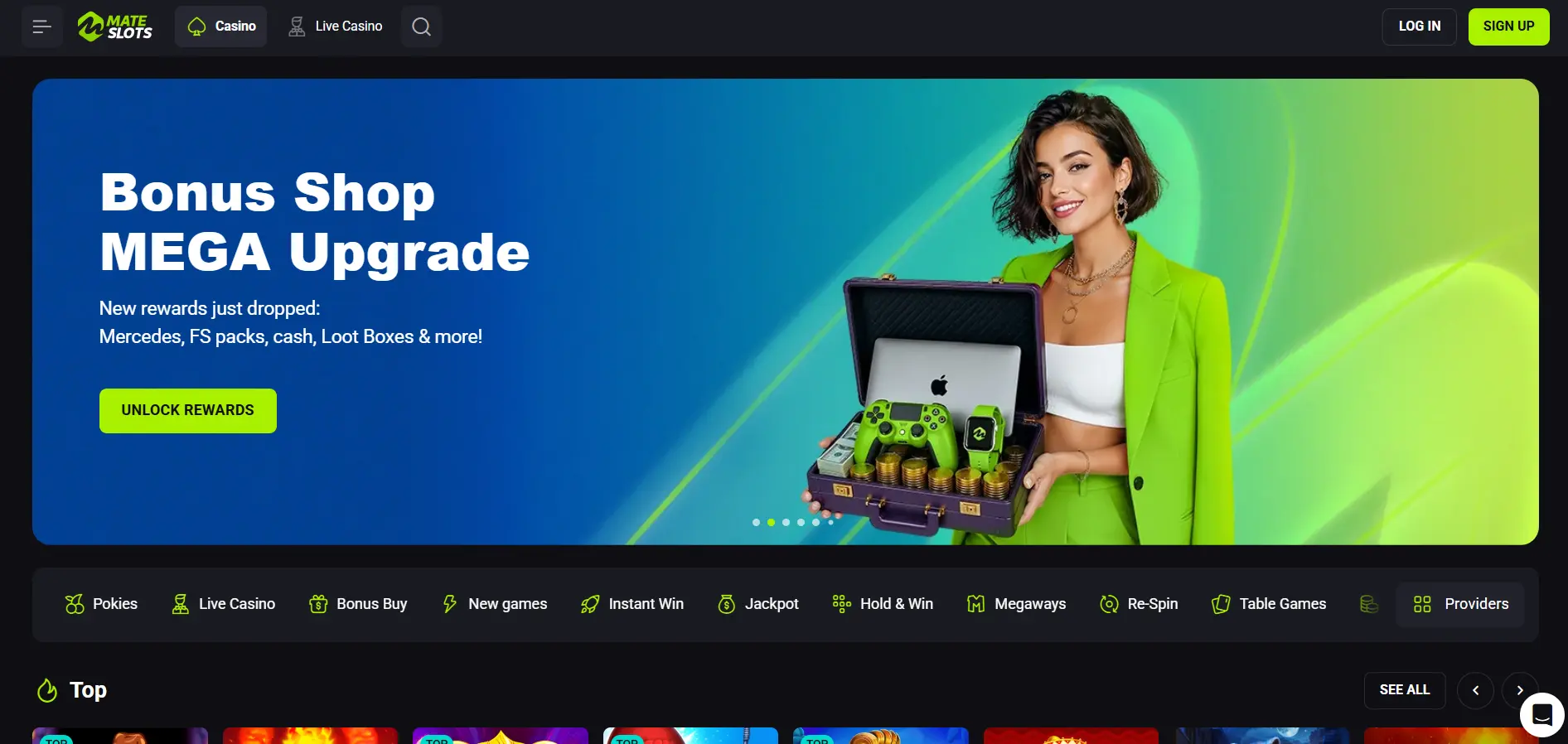 Mateslots Casino's main page with a promotional banner and filters. 