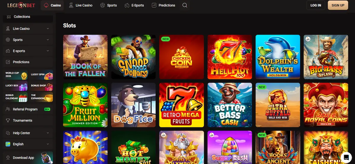 LegionBet Casino's games page with selected slots and a menu.