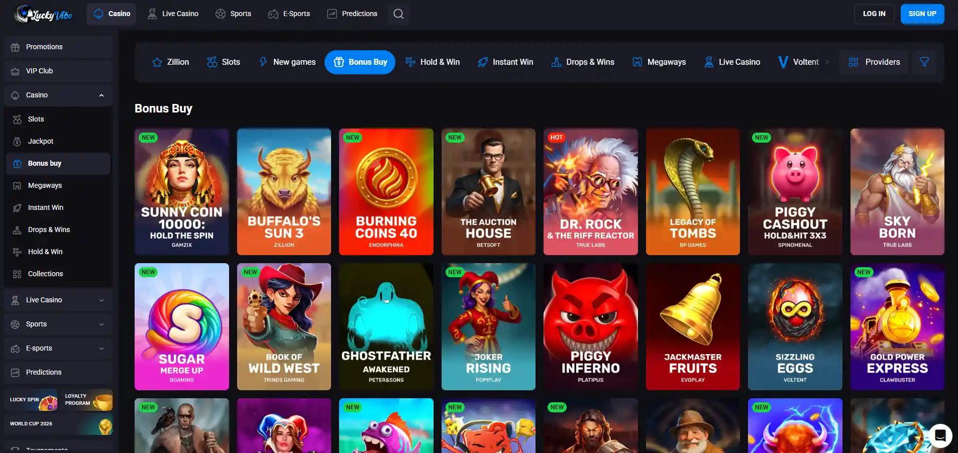 Lucky Vibe Casino's games page with selected Bonus Buy games