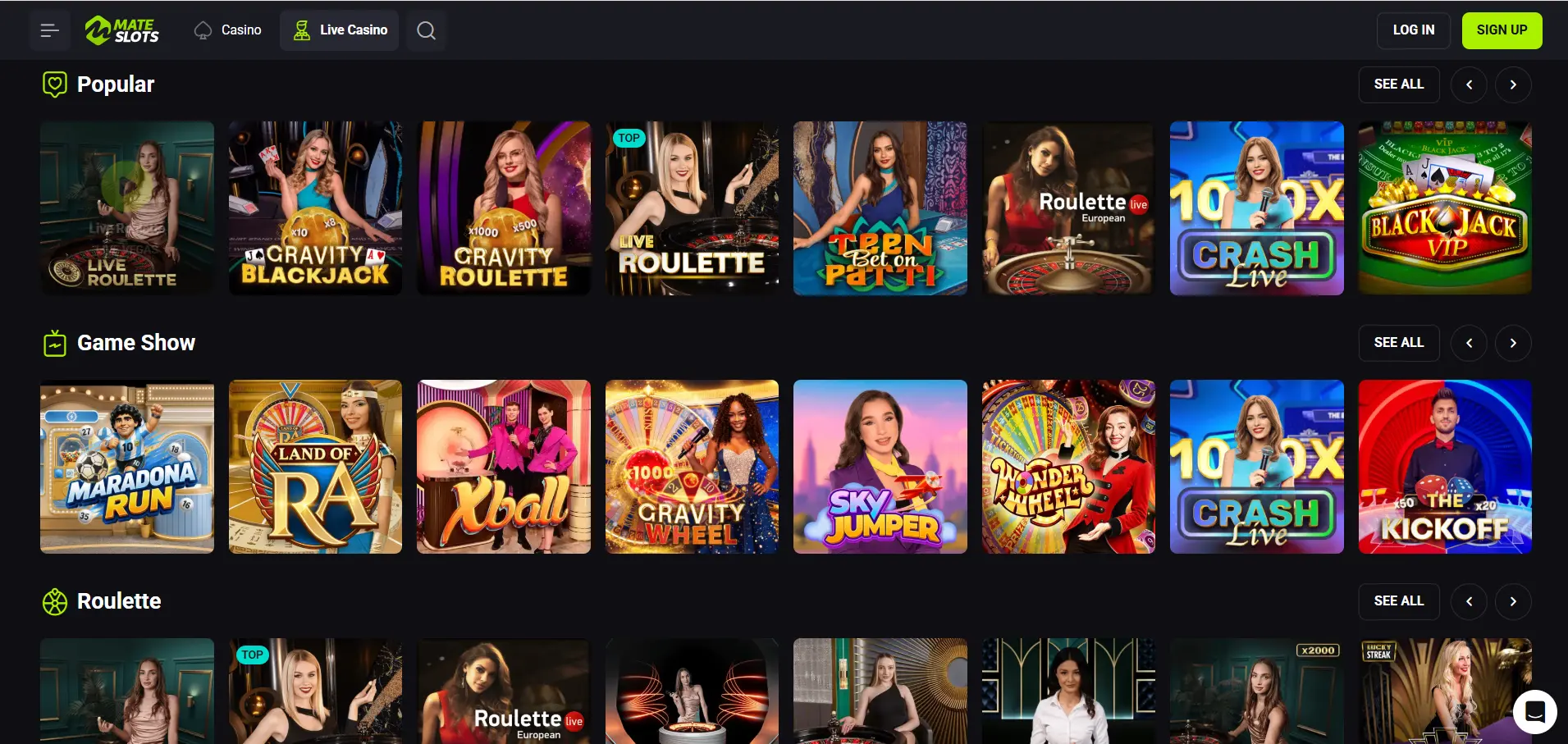 Mateslots Casino's live games with selected titles.

