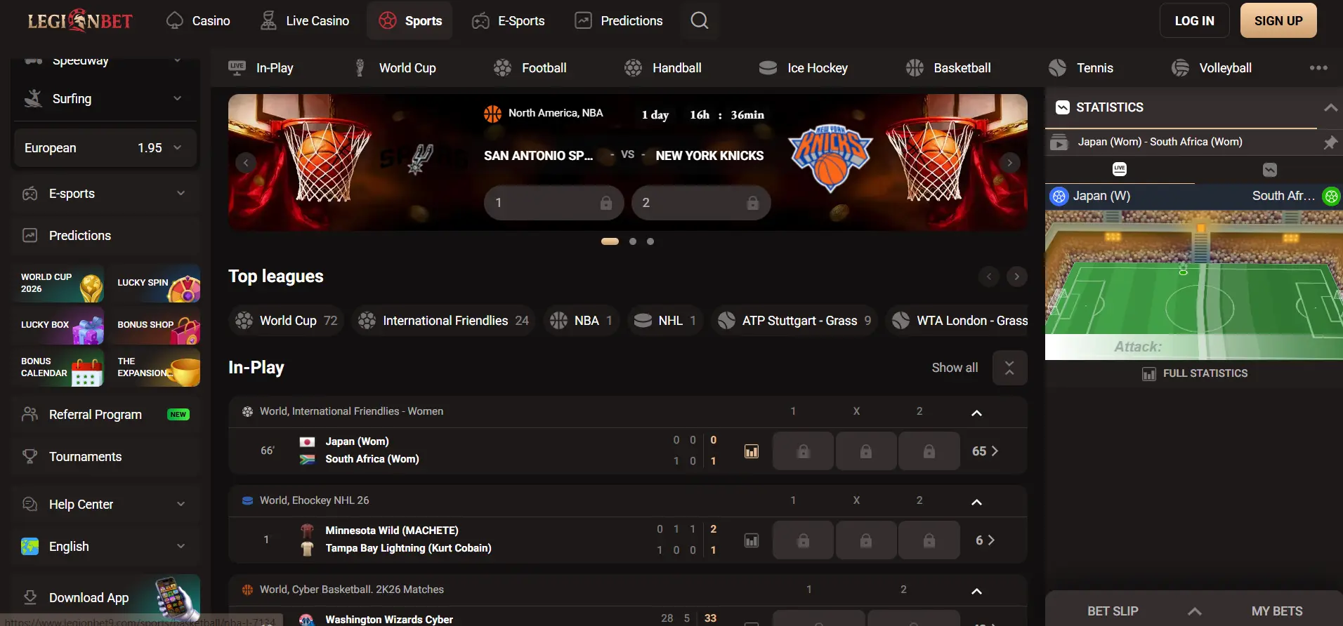 LegionBet Casino's sports page with selected matches.