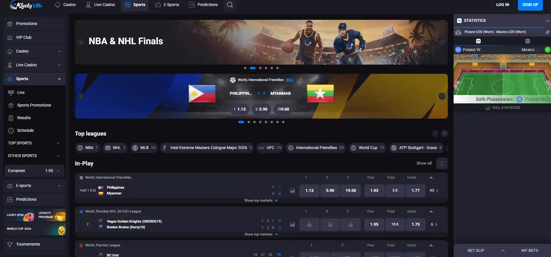 Lucky Vibe Casino's sports page with selected top leagues.