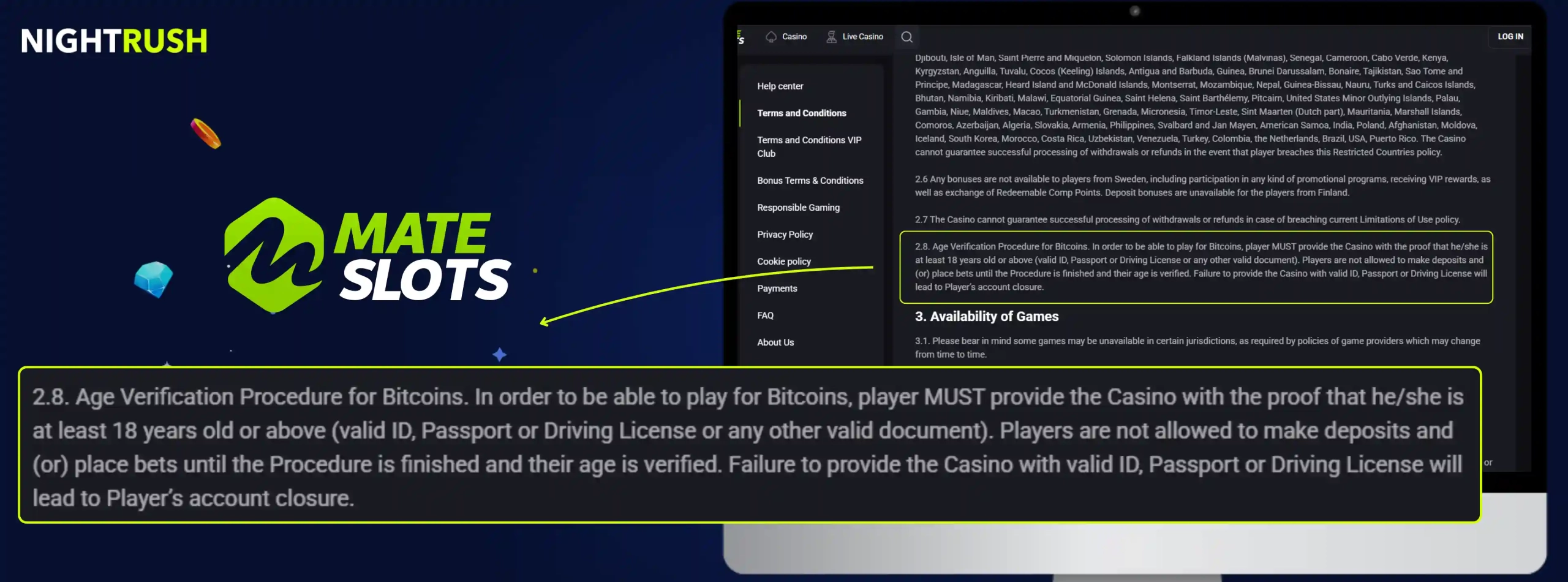  Mateslots Casino's terms about Bitcoin against a starry banner.
