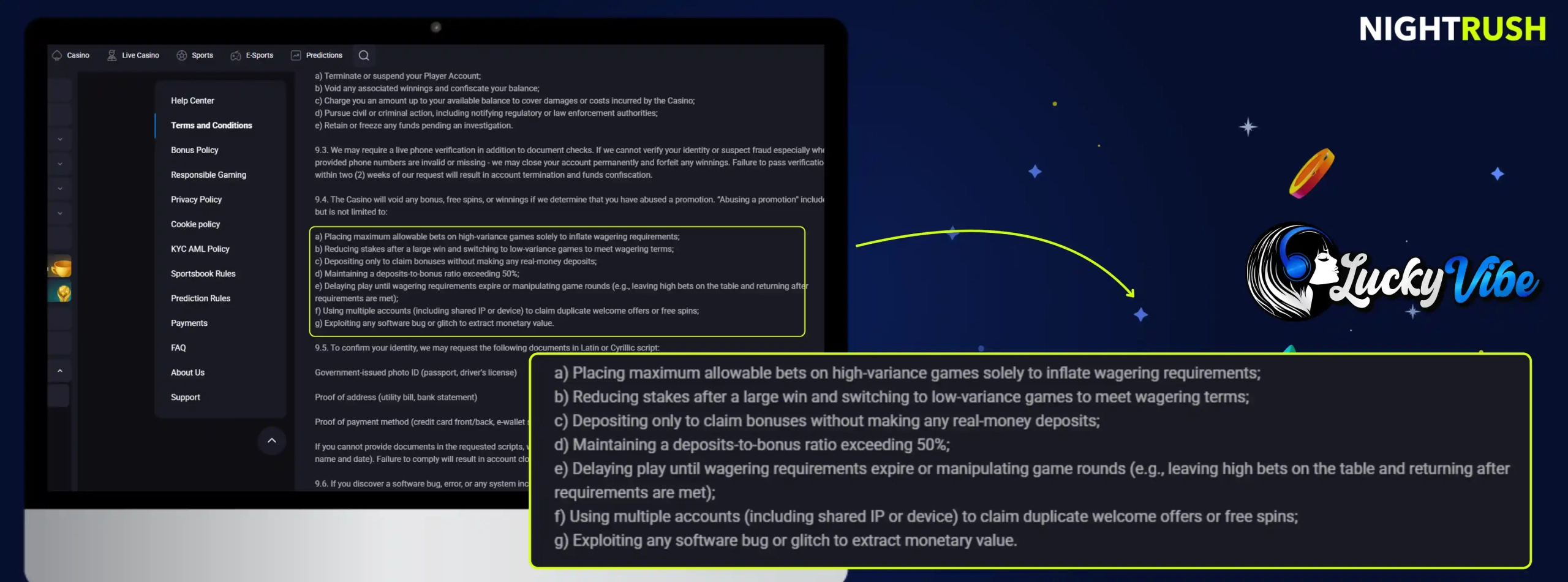 Lucky Vibe Casino's terms regarding bonus abuses.