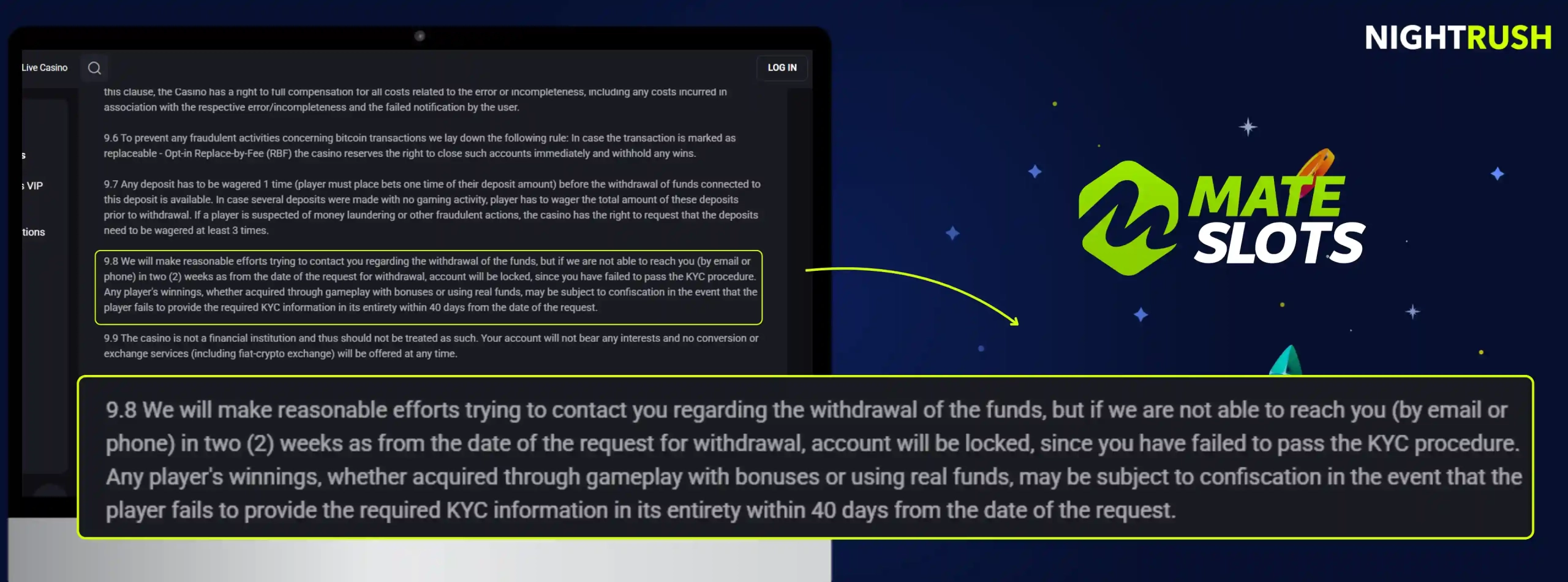 Mateslots Casino's terms about 40 days against a starry banner.
