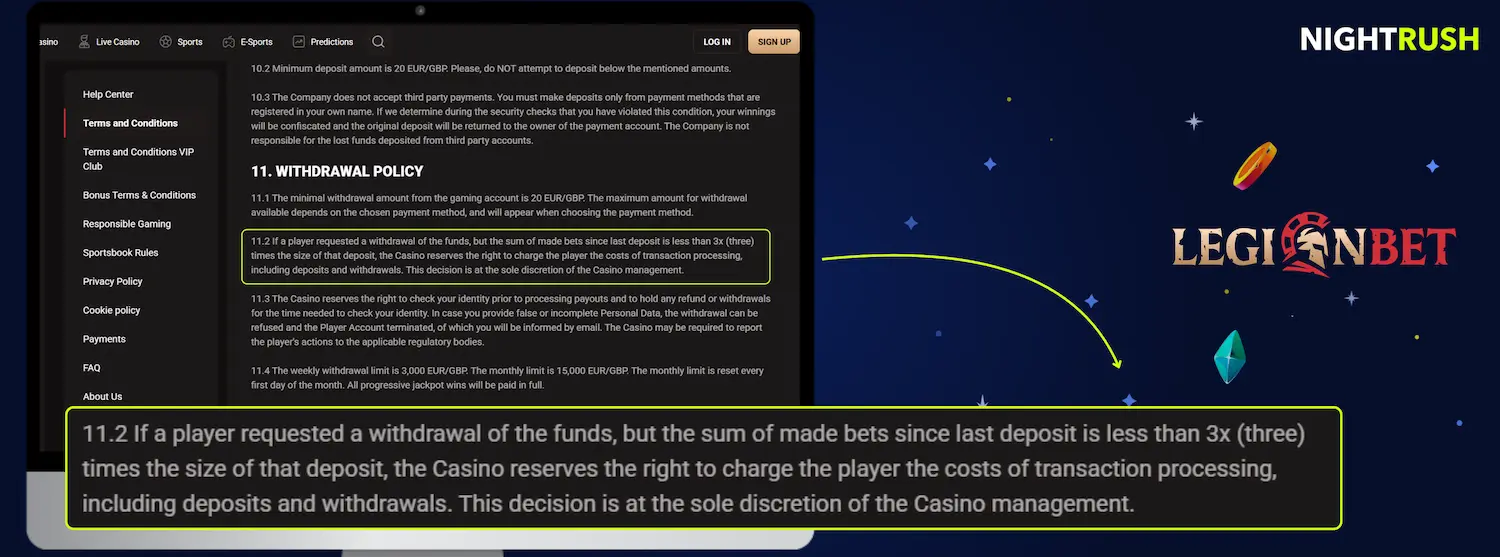 LegionBet Casino's terms about the 3x wagering rule.