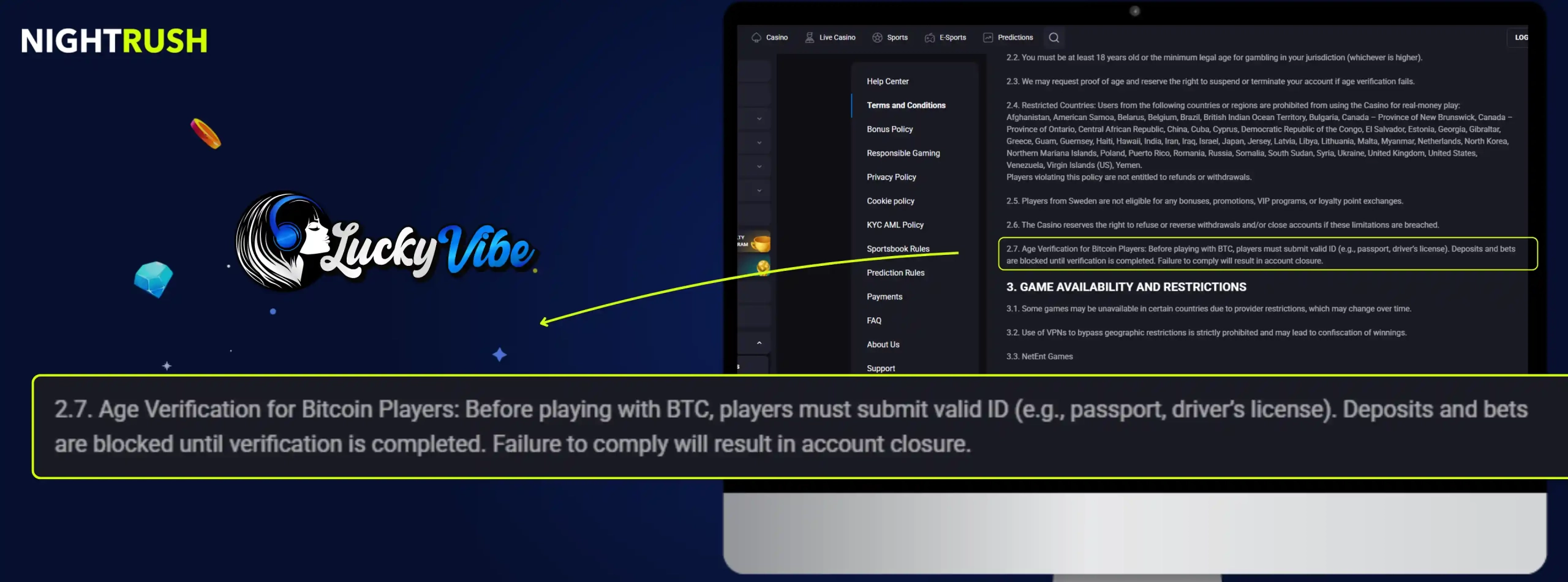 Lucky Vibe Casino's terms regarding the BTC verification.