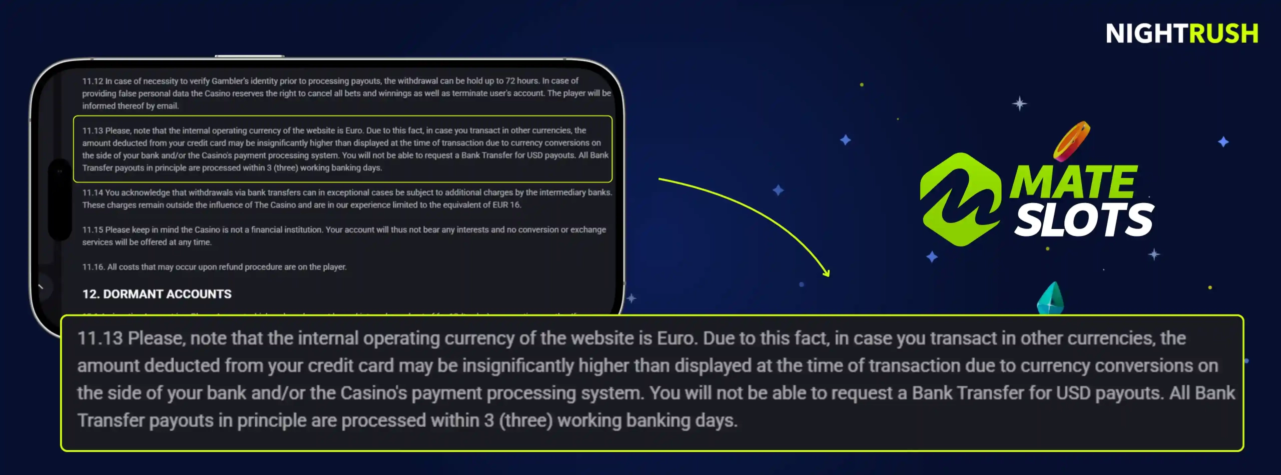 Mateslots Casino's terms about Euro currency against a starry banner.