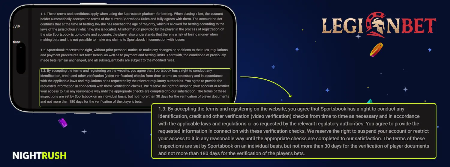 LegionBet Casino's terms about verification time.