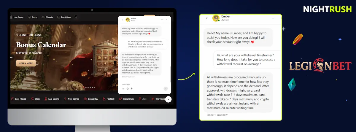 LegionBet Casino's live chat conversation about withdrawal timeframes.