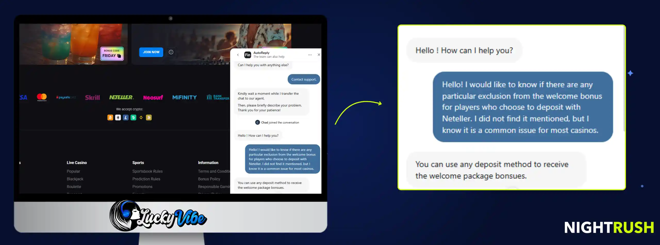 Lucky Vibe Casino's live chat conversation with a Nightrush editor.