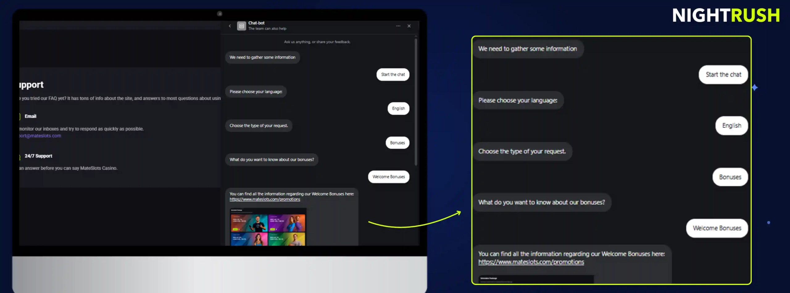 Mateslots Casino's lice chat highlighted against a starry banner. 