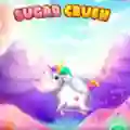 Whimsical graphic of a round, winged unicorn flying through a pastel candy landscape under SUGAR CRUSH text.