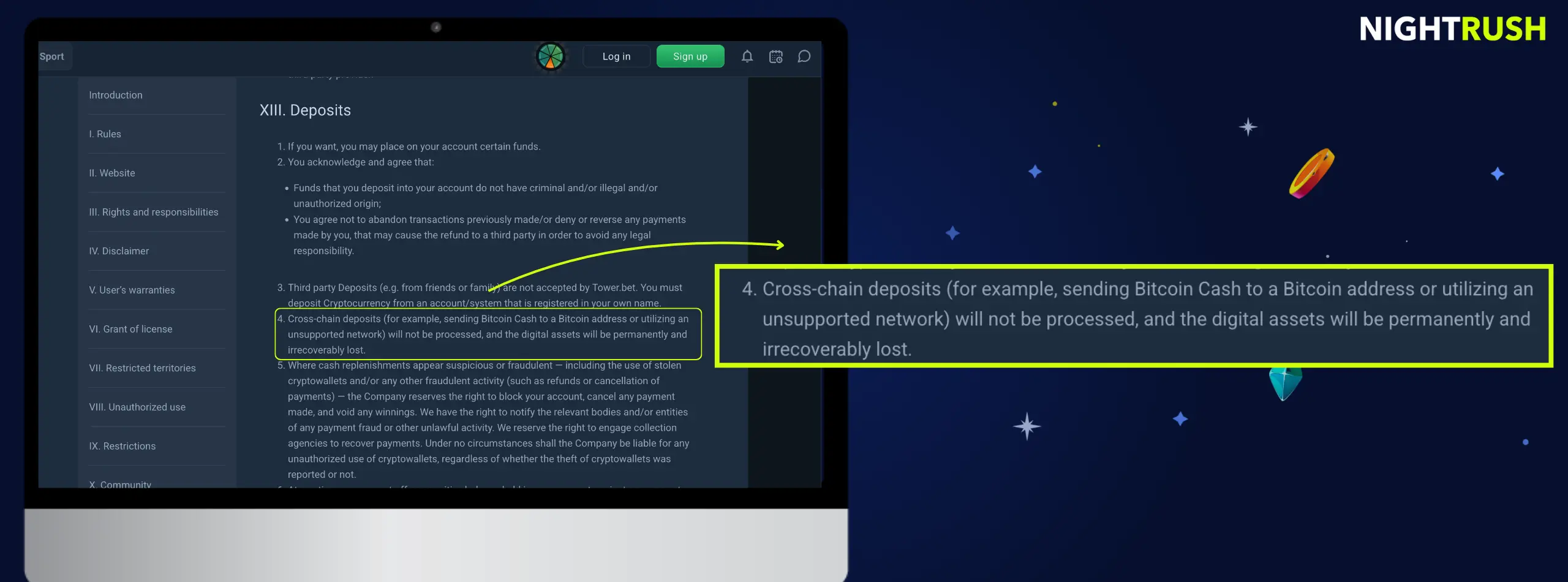 Laptop screen displaying terms and conditions, highlighting a rule warning against cross-chain deposits.