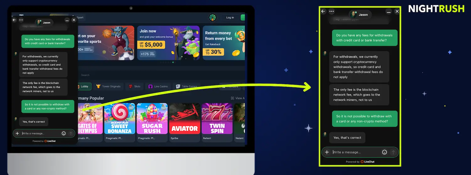 Live chat with TowerBet Casino.
