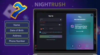 Laptop screen showing an online sign-up form with welcome bonuses.