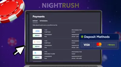 Laptop screen showing accepted online deposit methods like Visa and Mastercard.