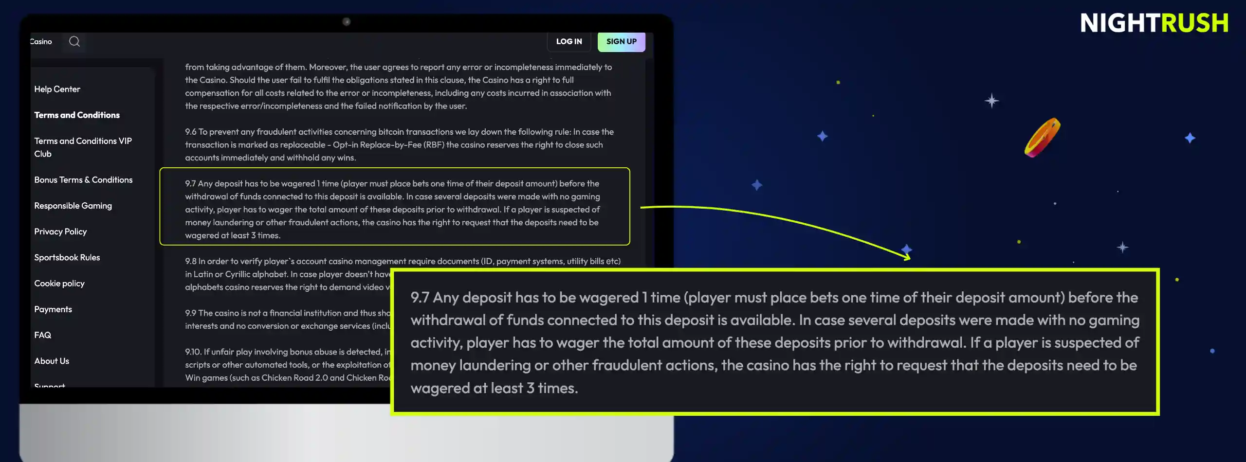 Laptop screen showing casino terms and conditions with deposit rules highlighted.