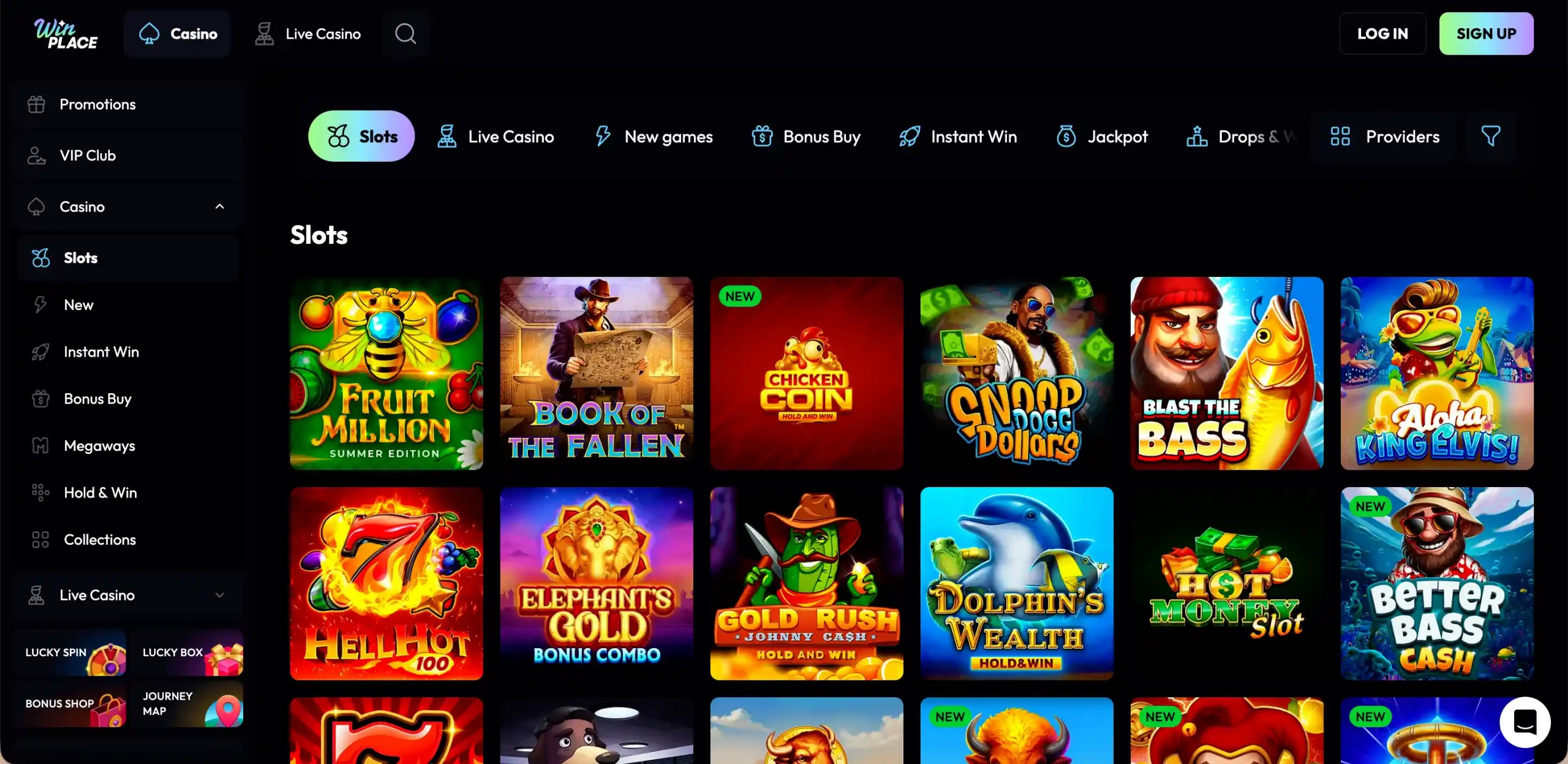 Casino game selection at WinPlace.