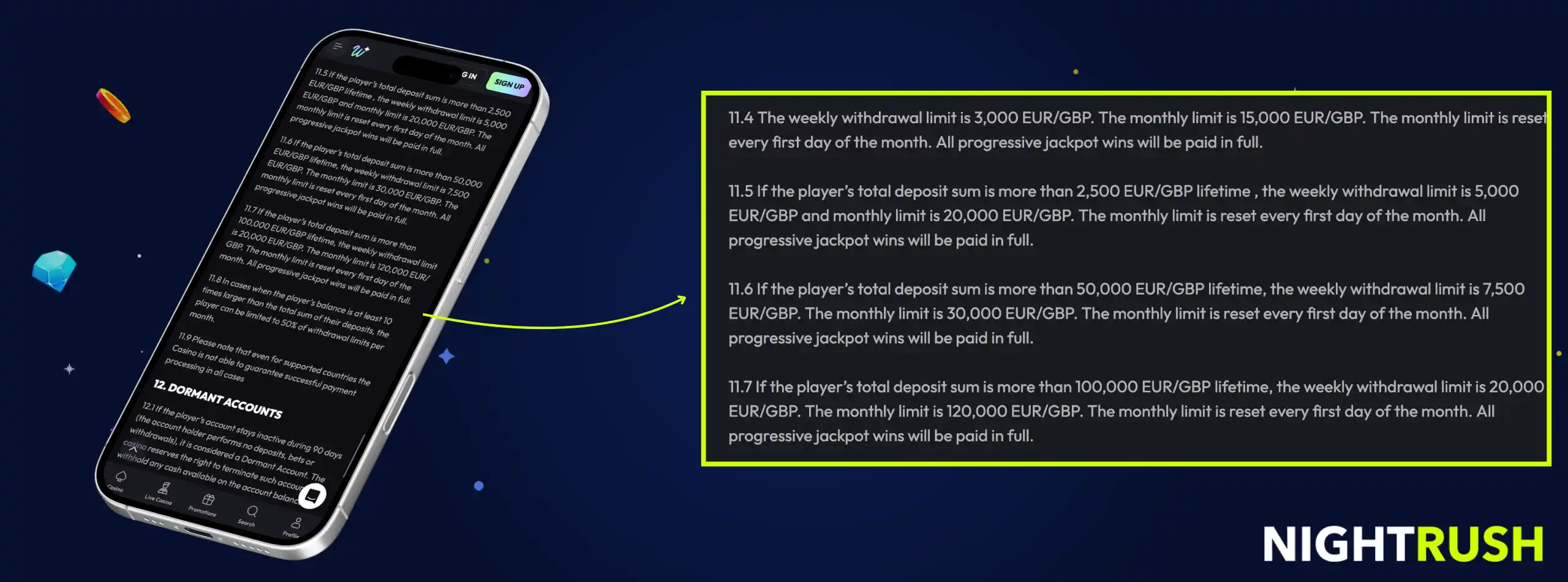 Smartphone screen showing casino terms with withdrawal limits highlighted.