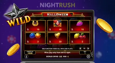 Golden Joker Halloween paytable with symbol payouts on laptop beside a silver Wild star icon.