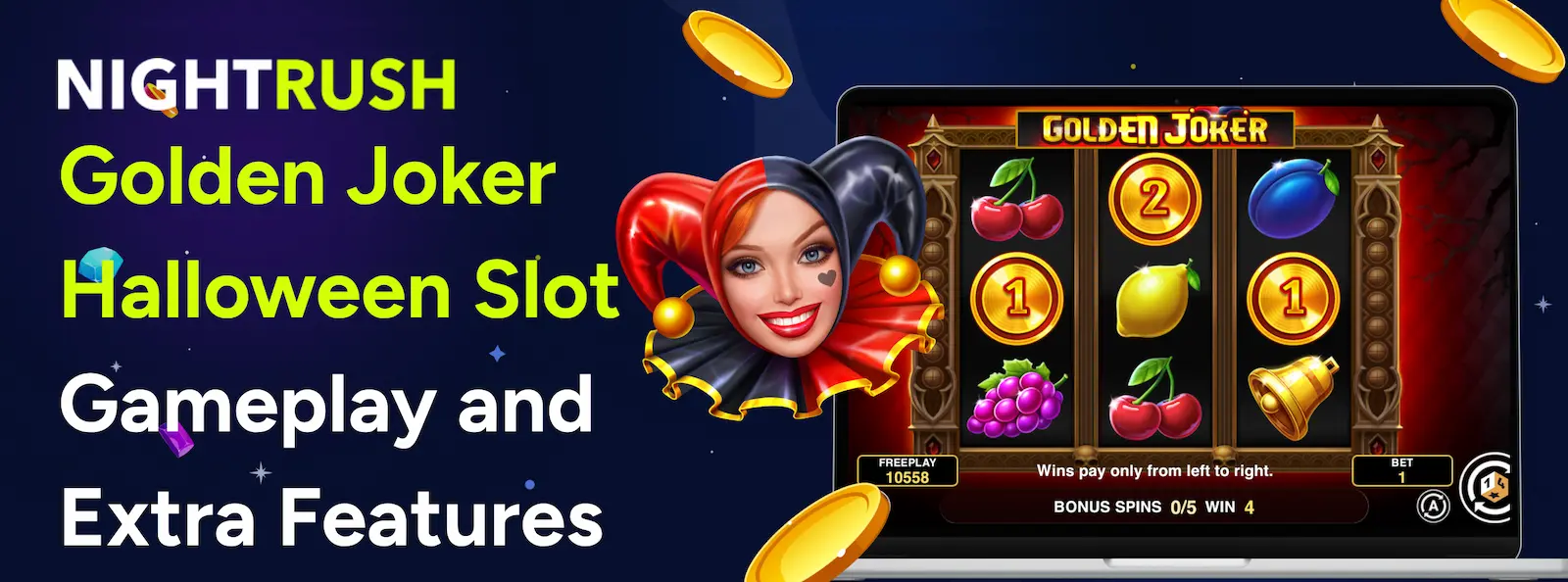 Nightrush Golden Joker Halloween slot banner with jester character and 3x3 fruit reels on a laptop.