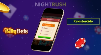 BillyBets puhelimessa, rekisteröitymispainike, kasinotuotteet ja BillyBets-logo tummalla taustalla.