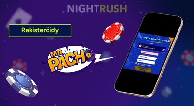 Mr.Pacho -rekisteröityminen sen logolla, kasinotuotteilla ja rekisteröitymispainikkeella.