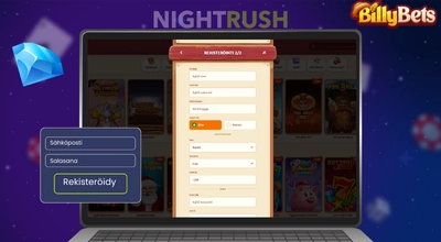 BillyBets kannettavalla tietokoneella, sen logo, jalokivi ja painike mustalla taustalla.