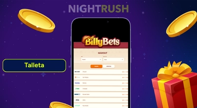 BillyBets puhelimessa, talletuspainike, kasinotuotteet ja BillyBets-logo tummalla taustalla.