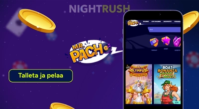 Mr. Pacho -pelit logollaan, kasinotuotteilla, talletus- ja pelipainikkeella.