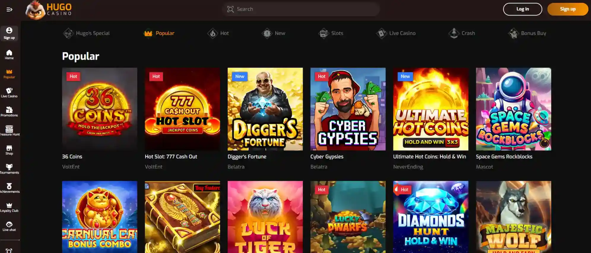 Kuvakaappaus Hugo Casinon peliaulasta