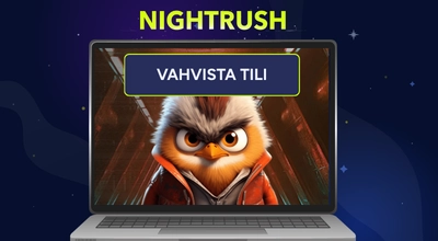 Kannettavan näytöllä näkyy Hugo Casino kuva, yläpuolella Nightrush logo ja tekstilaatikossa lukee Vahvista tili