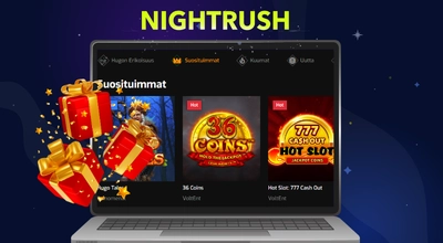 Kannettavan näytöllä näkyy Hugo Casinon suosituimpia pelejä ja niiden logoja, vasemmalla sivulla punaisia ja kultaisia lahjoja