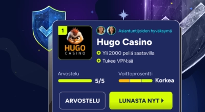 Kannettavan näytöllä näkyy Nightrush-sivuston Hugo Casino -arvostelu ja valikkoina laatikot arvostelu ja lunasta nyt