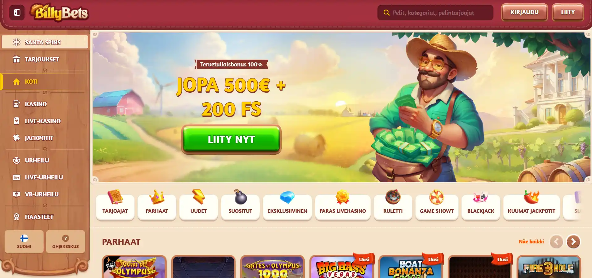 BillyBets Casinon kotisivu, tervetuliaisbonuksen tiedot viljelijän kuvan kera, valikko ja pelit.