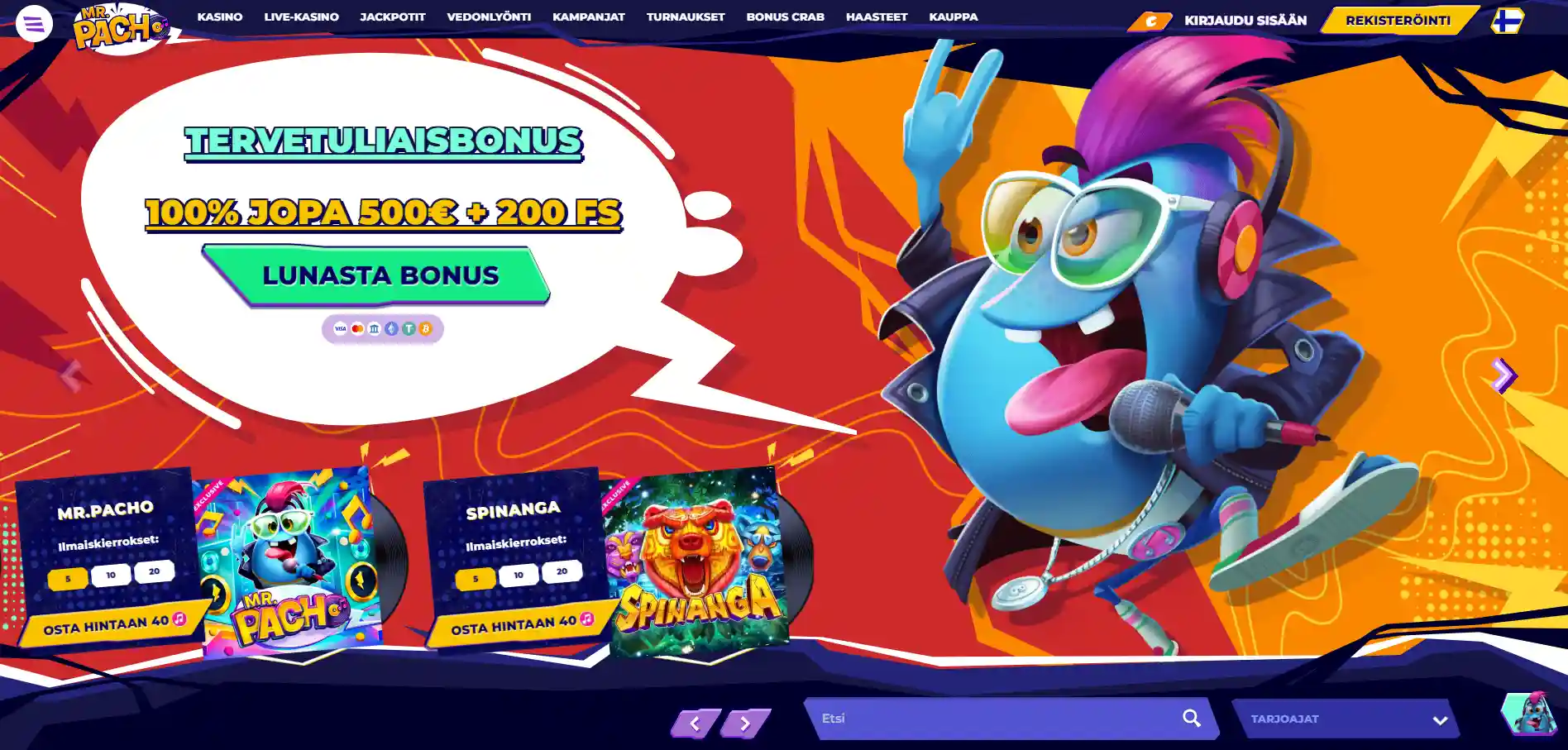 Mr.Pacho-kasinon kotisivu, tervetuliaisbonuksen tiedot allekirjoitusmerkillä ja valikolla.