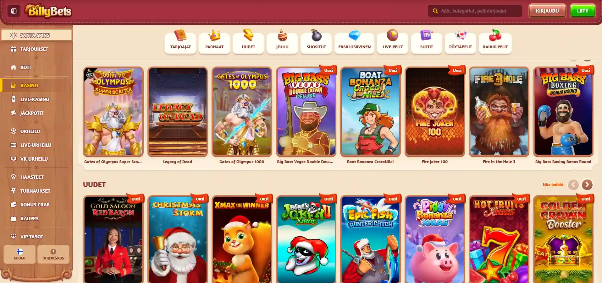 BillyBets Casinon pelit, suodatusvaihtoehdot ja valikko keltaisella ja punaisella värillä.