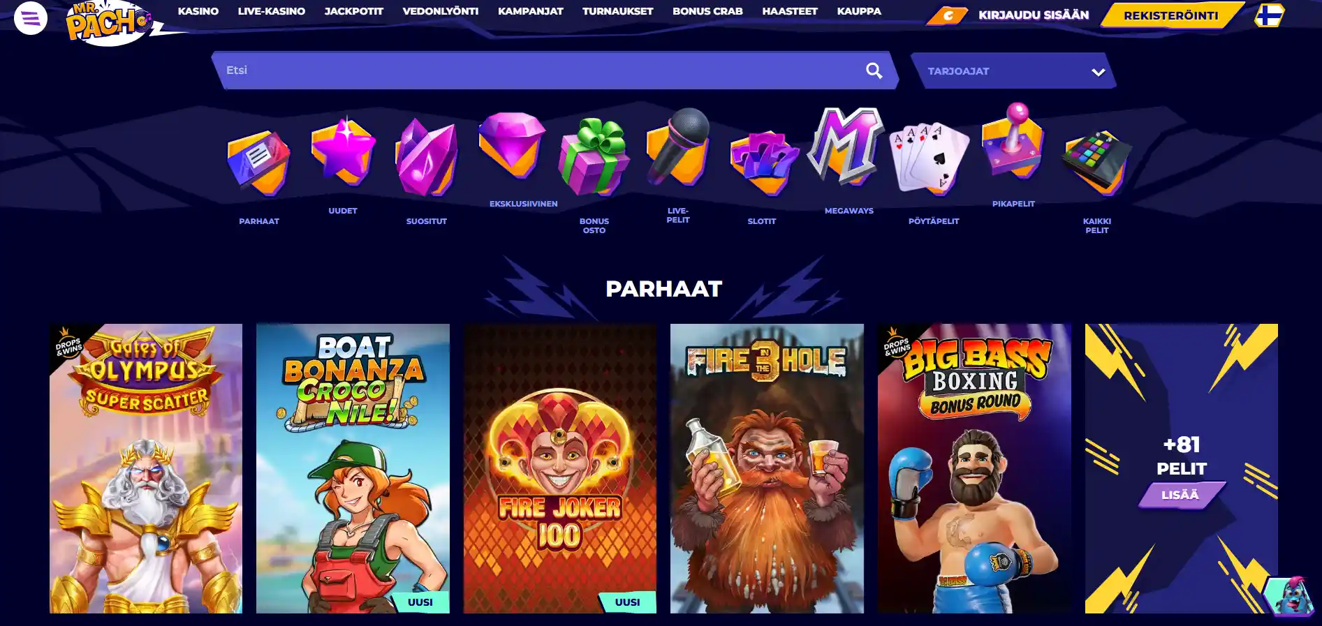 Mr.Pacho-kasinon pelit suodatusvaihtoehdoilla ja valikolla tummansinisellä taustalla.