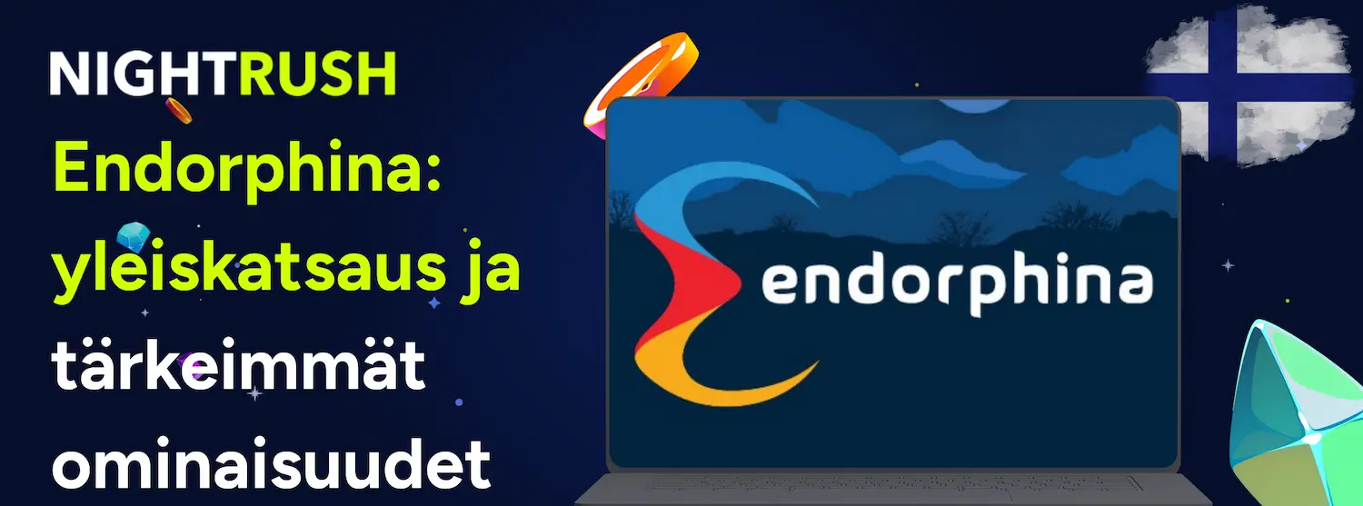 Kasino-tuotteet ja Endorphina: yleiskatsaus ja tärkeimmät ominaisuudet teksti sinisellä taustalla.