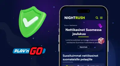 Valintamerkki ja Play'n Go -logo Nightrush-sivun vieressä puhelimessa.