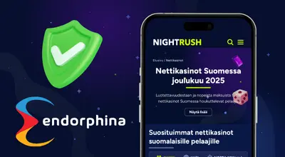 Kasinoluettelo puhelimessa, Endorphinan logo ja valintamerkki sinisellä taustalla.