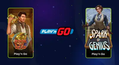 Play'n Go -logo sekä Book of Dead ja Spark of Genius tummalla taustalla.