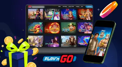 Play'n Go -pelit kannettavalla tietokoneella ja puhelimella, jossa on sen logo ja kasinotuotteita.