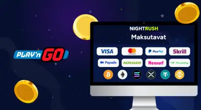 Play'n Go -logo, kulta ja maksutavat tummalla taustalla.
