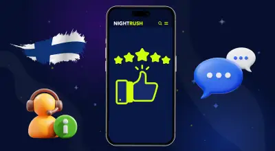 Suomen lippu asiakaspalvelutuotteiden ja puhelimen kanssa tummaa taustaa vasten.