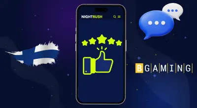 BGaming-logo, Suomen lippu, chat-ruudut ja arvostelusymboli puhelimessa.