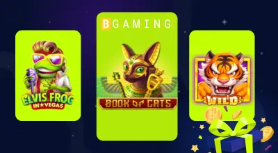 Kolme BGaming-kolikkopeliä ja sen logo lahjapakkauksen kanssa.