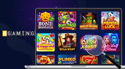 BGaming-logo ja sen pelit kannettavalla tietokoneella, jossa on suurennuslasi.