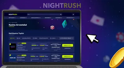 Kannettavan tietokoneen näyttö, jossa näkyy suomalainen kasinokatsauslista erilaisilla peliarvioilla.